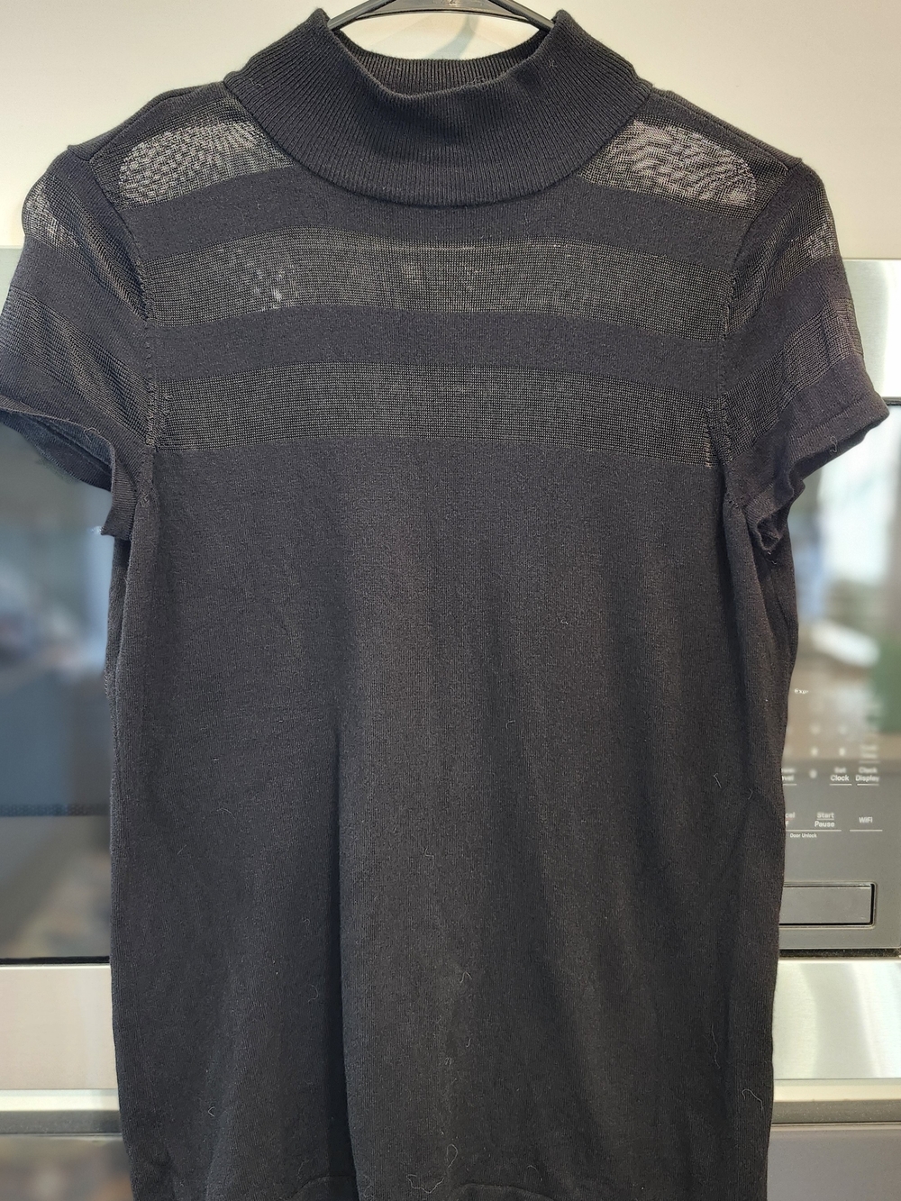 INC International Concepts Black Short Sleeve Mock Neck Top with Sheer Yoke